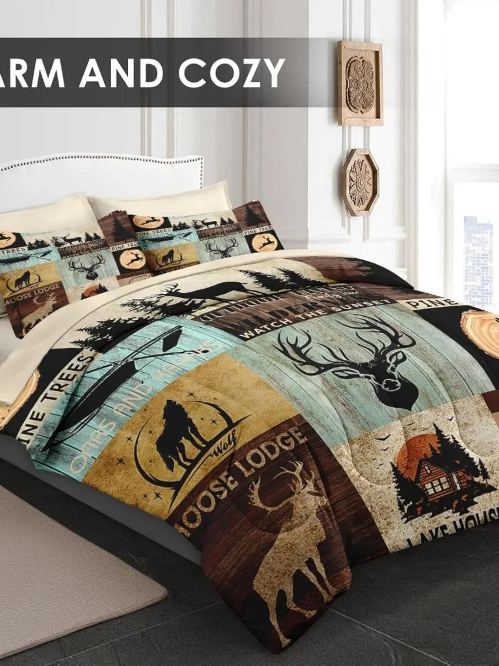 7 Pcs Queen Size Comforter Set with 2 Pillowcases & 2 Shams, Bear Wolf Tree Wood